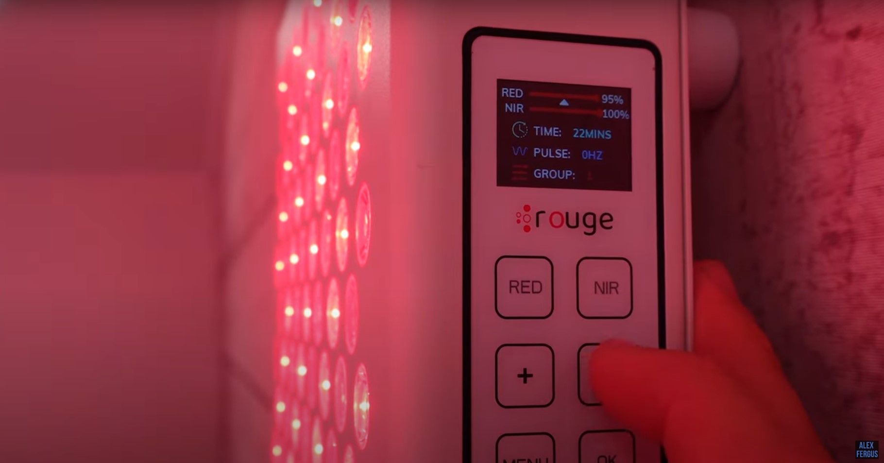 Rouge control panel buttons on the red light therapy device